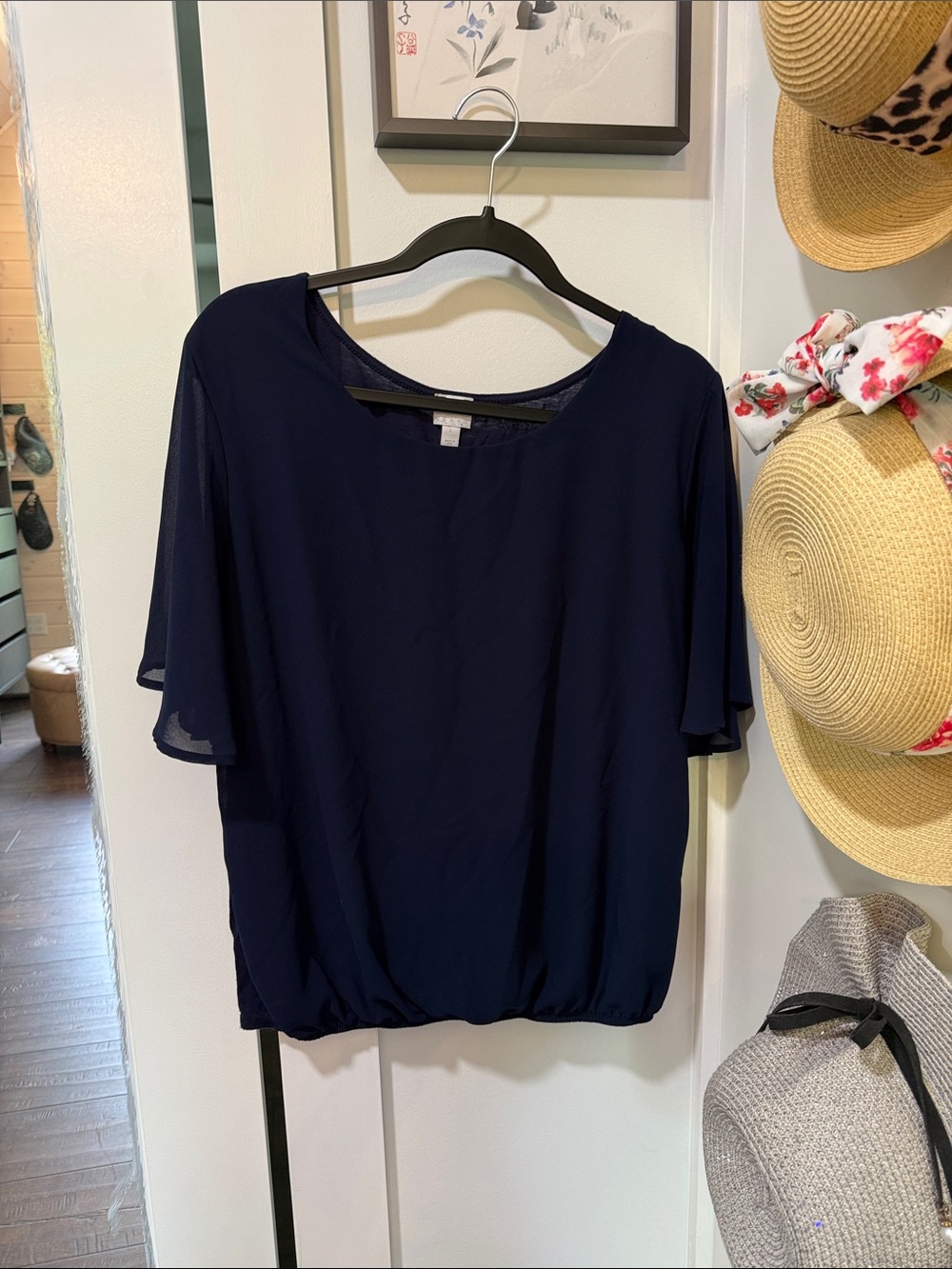 New York & Company Navy Short-Sleeve Scoop Neck Blouse